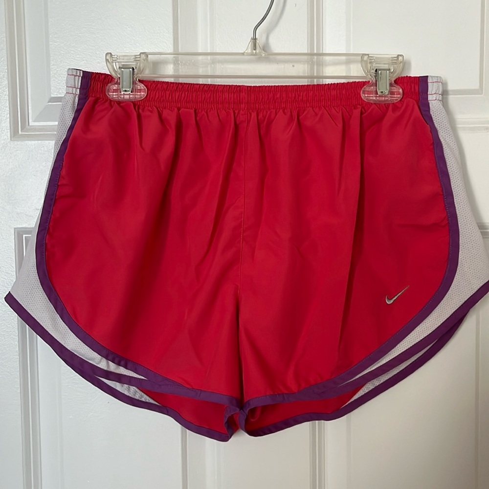 Nike Dri-Fit Women’s Running Shorts, Large (L), Pink and white w/ purple trim